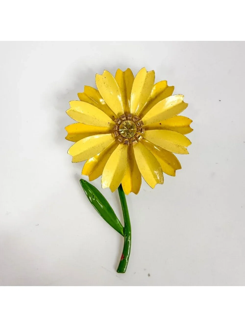 Vintage Enamel Metal Yellow Flower Power Rhinestone Center Brooch Long Stem